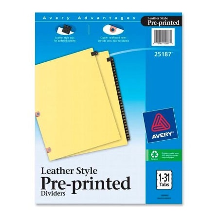 Avery Dennison Avery Black Leather Daily Tab Divider, Printed 1 to 31, 8.5"x11", 31 Tabs, White/White 25187